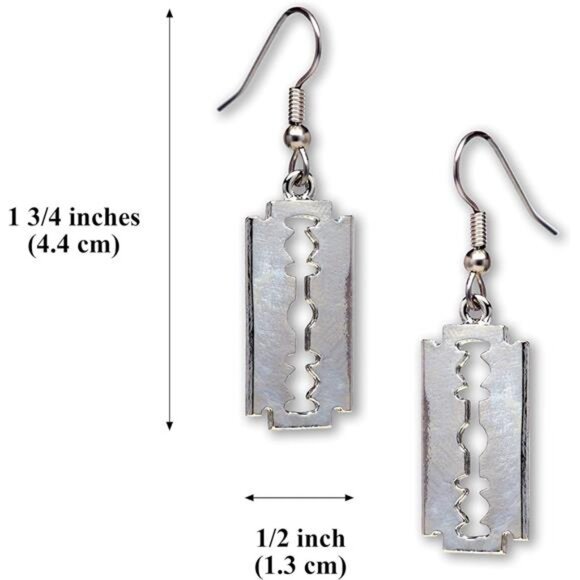 Gothic Razor Blade Dangle Earrings - Polished Silver Finish Pewter Metal Jewelry - Picture 3 of 8